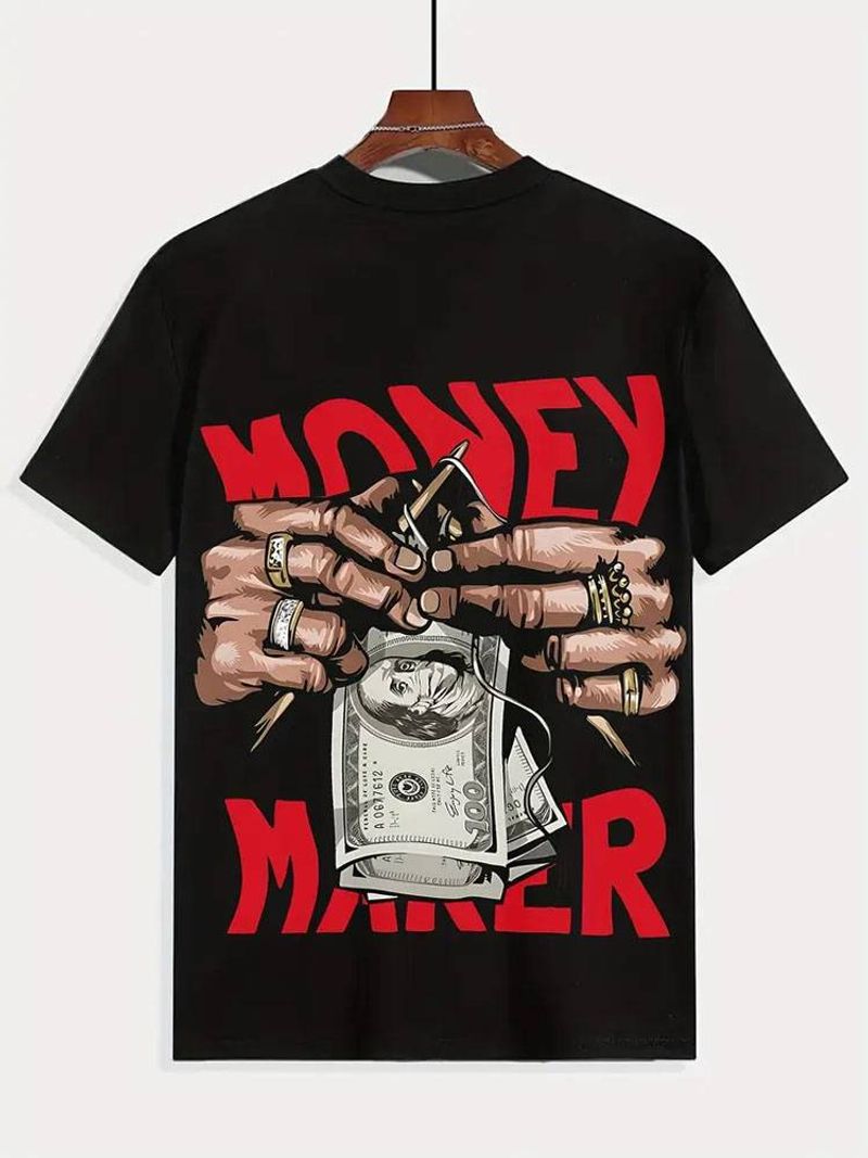 Pánské tričko s grafikou „Money Maker“ – výrazné černé s červenobílým potiskem, ležérní letní, 240g bavlna, krátké rukávy, pohodlný kulatý výstřih_voghion.com