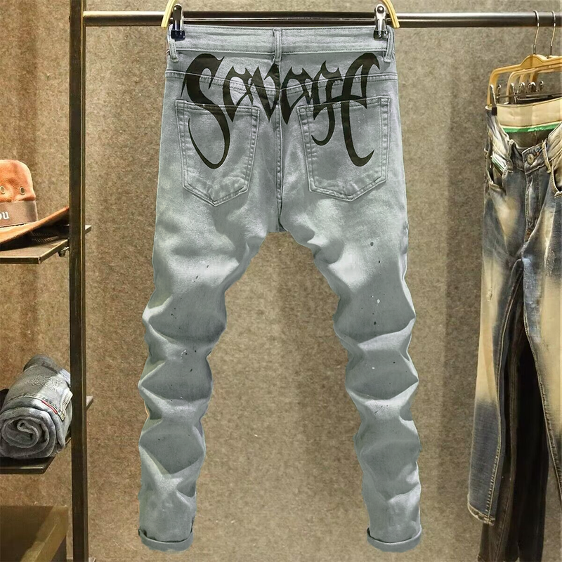 men's Trendy High Street Ink-splashed Jeans Youth Elastic Slim Fit Personalized Printed Skinny Long Pants Men_voghion.com