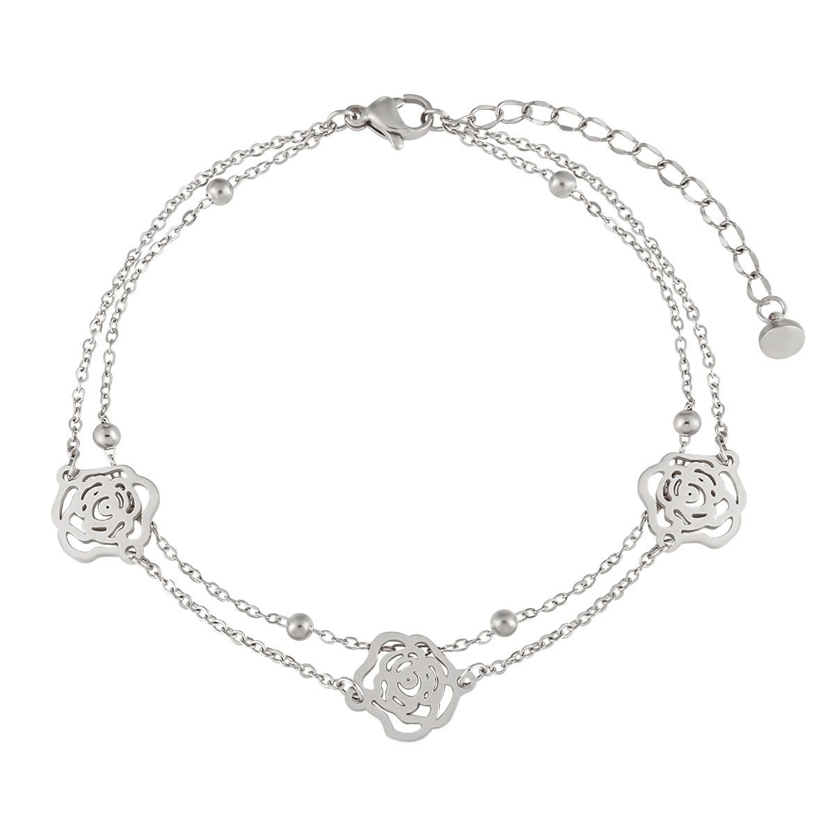 Cavigliera in stile coreano, semplice ed elegante, con perline a doppio strato in acciaio inossidabile, con fiore di rosa, alla moda, in titanio e acciaio, per i gioielli dei piedi._voghion.com