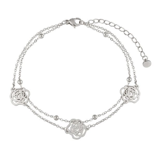 Cavigliera in stile coreano, semplice ed elegante, con perline a doppio strato in acciaio inossidabile, con fiore di rosa, alla moda, in titanio e acciaio, per i gioielli dei piedi._voghion.com