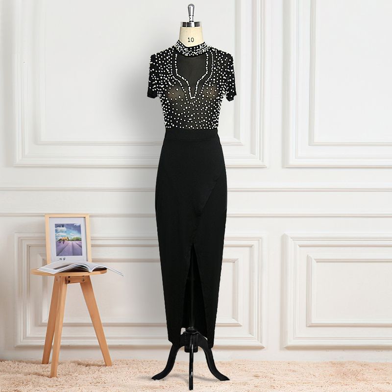 See Through Tulle Beaded Round Neck Short Sleeve Women's Evening Dress Dress Factory Direct Sales_voghion.com