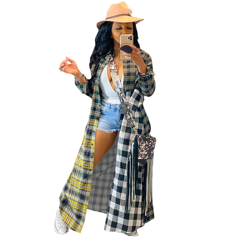 Dammode casual färg rutigt patchwork lång kappa_voghion.com