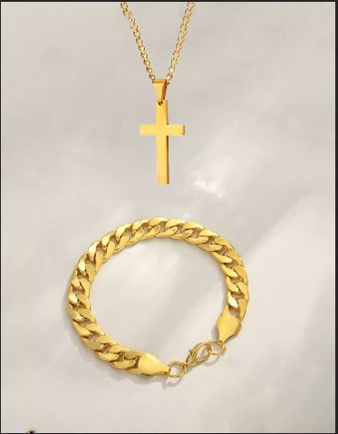 Trendy Fashion Cuban Bracelet Cross Light Luxury Versatile Hand Accessories Two-Piece Set Jewelry For Men_voghion.com