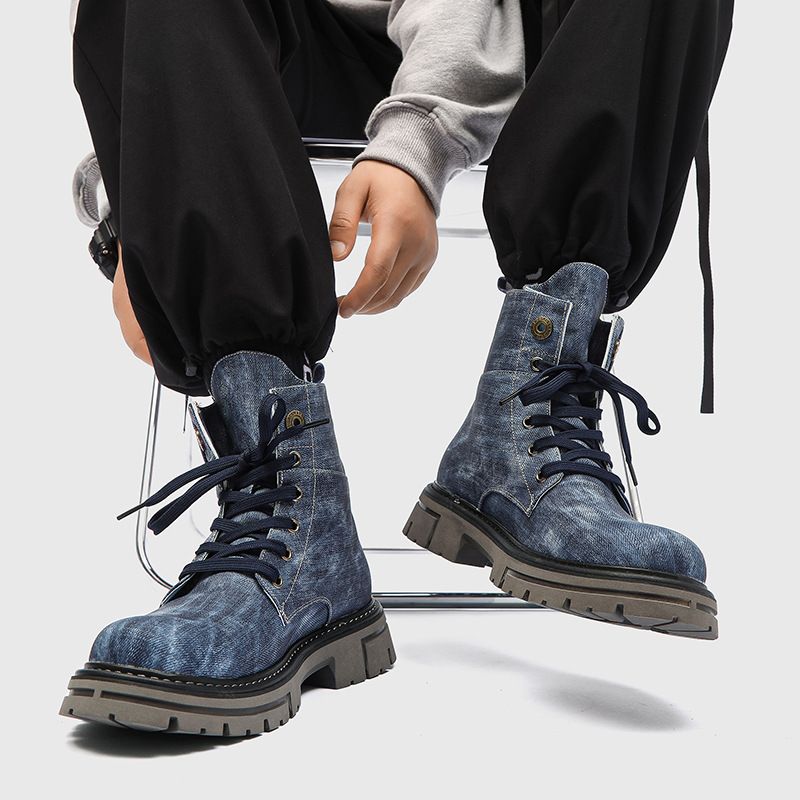 Men’s Shoes version sweet retro style thick heel round toe front lace up men's mid tube denim boots_voghion.com