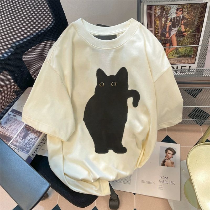 T-shirt imprimé à manches courtes pour femmes, col rond, ample, simple, été_voghion.com
