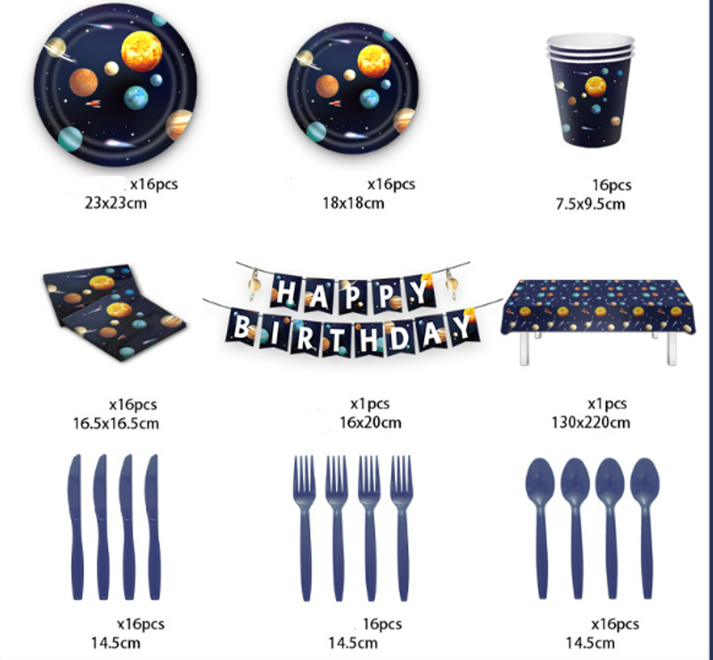 New Space themed Party Cutlery Set, Birthday Event Disposable Dining Plate, Decorative Table Cloth Supplies_voghion.com