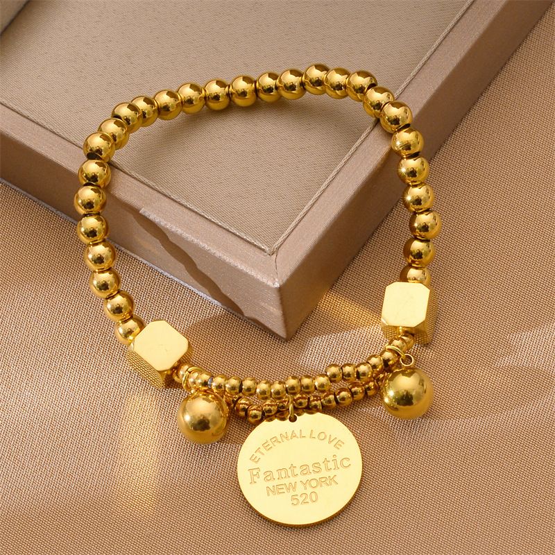  Stainless Steel Disc Letters Charms Bracelet For Women Fashion Beaded Chain Wrist Jewelry Party Casual Gift_voghion.com