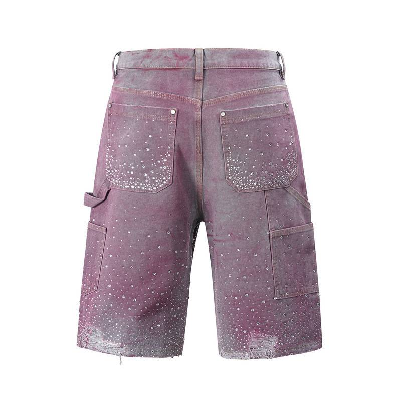 Men's Clothing European And American High Street Diamond-studded Seven-point Shorts With Ink-splashed Dyed Gradient Denim Shorts_voghion.com