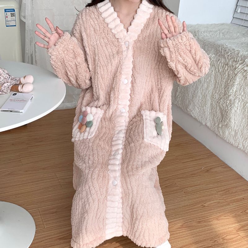 Rainbow cardigan pajama women's flannel autumn and winter warm fairy style nightgown two-piece set sweet home outfit_voghion.com