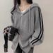 Women's Clothing Autumn Winter Minimalist Elegant Drawstring Hooded Oversized Long Sleeve Sweater Coat For Petite - Striped, Loose Fit, Polyester_voghion.com