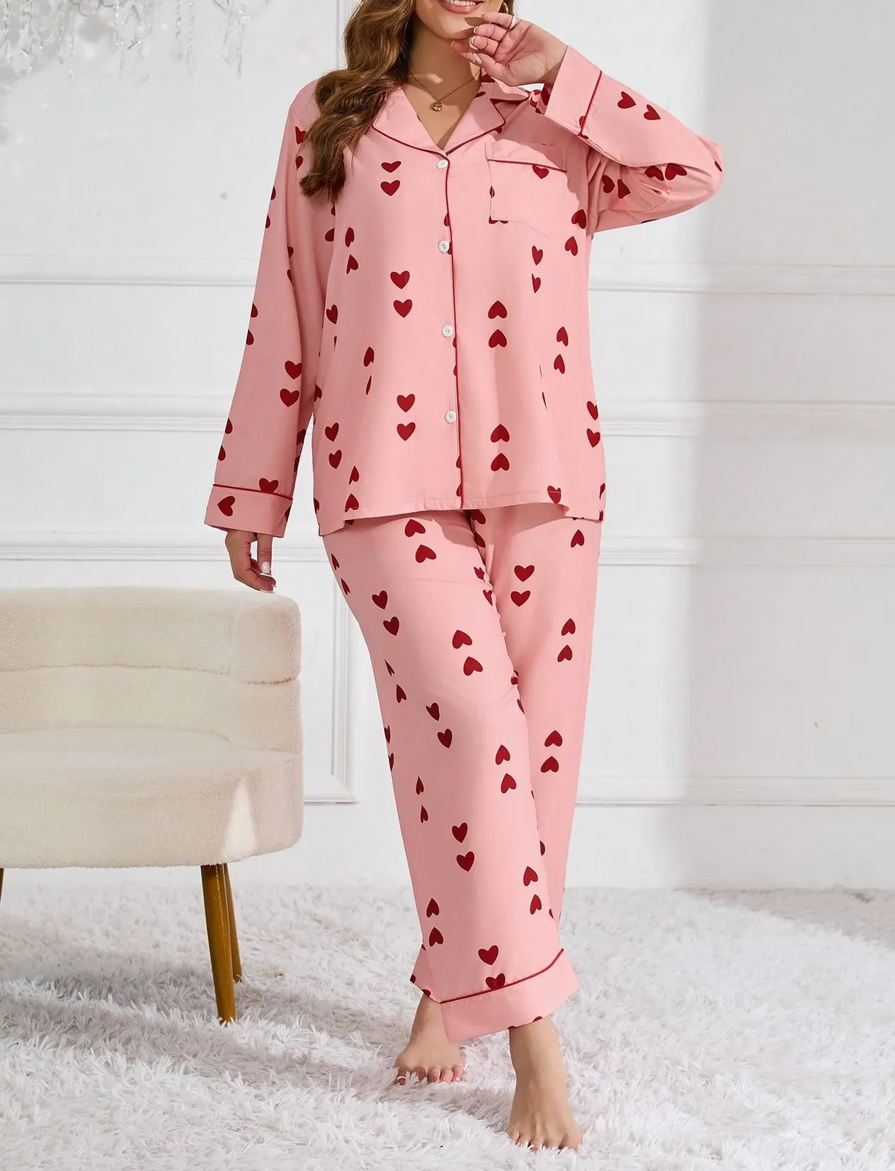 Large pajamas, new waffle style cardigan, long sleeved pants, heart-shaped sweet home suit set, can be worn outside_voghion.com