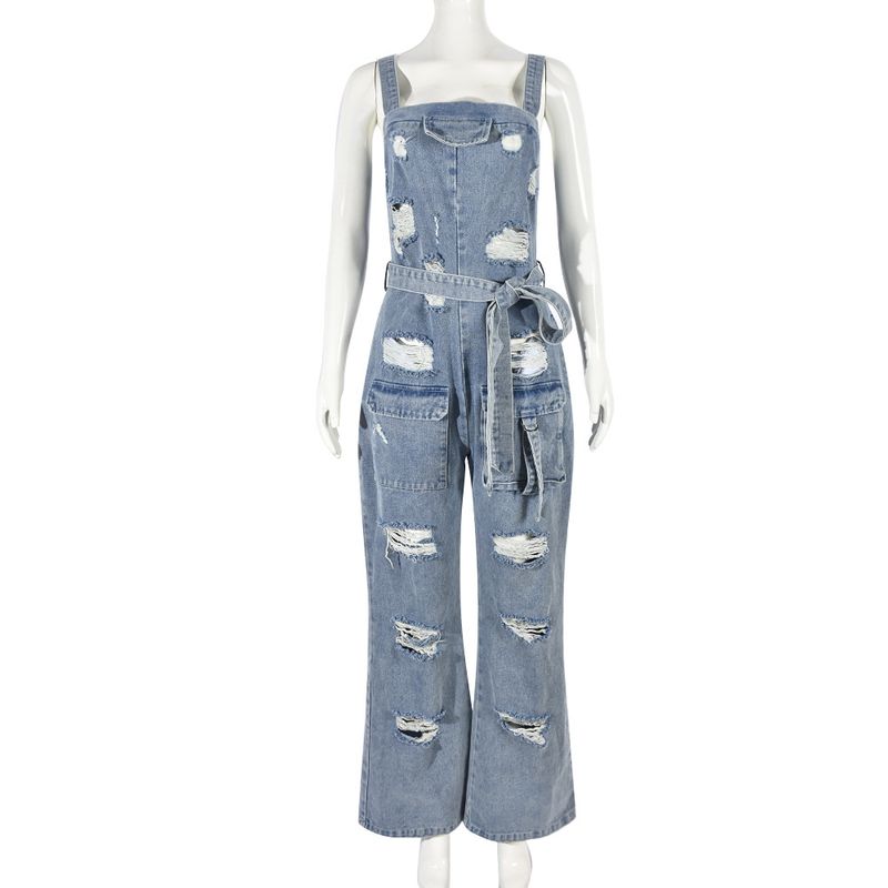 Damenbekleidung: Sexy, elastischer Brustwickel, trendiger, gewaschener Denim-Overall mit Lochquaste für Damen_voghion.com