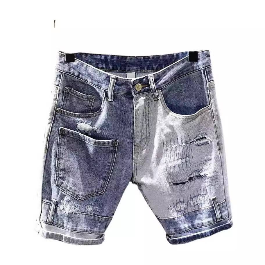 Herrenbekleidung Frühling und Sommer Neue Halbhose Mode Männer Gewaschene Ripped Hole Patches Paint Slim Fit Splicing Denim Shorts Männer_voghion.com