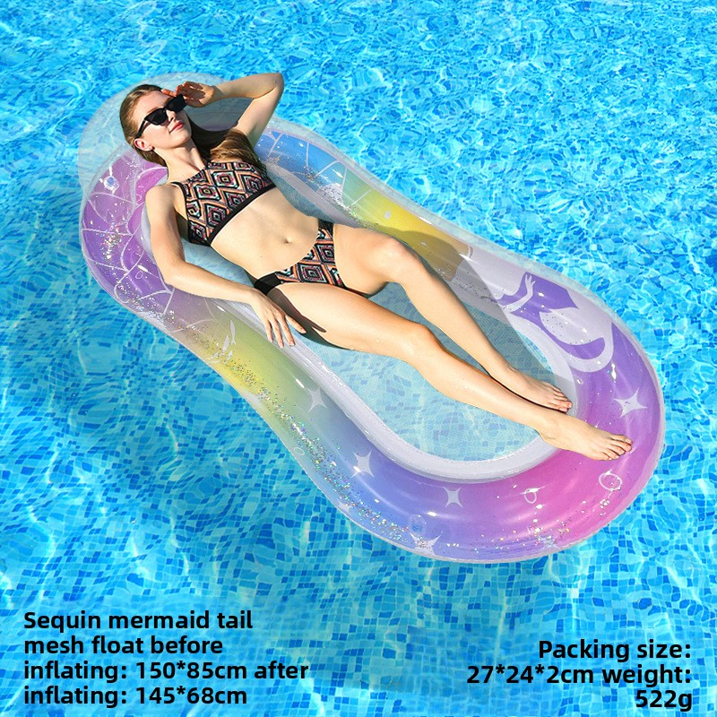 Tumbona inflable con forma de cola de sirena: escamas brillantes y malla transpirable (almohada ergonómica de PVC grueso y ecológica, portátil para piscina y playa)_voghion.com