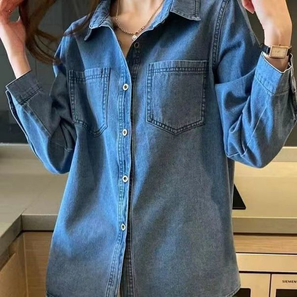 Camicia in denim con fodera in pile da donna - Giacca casual invernale in flanella calda e calda, a maniche lunghe e oversize (blu scuro/azzurro, S-3XL)_voghion.com