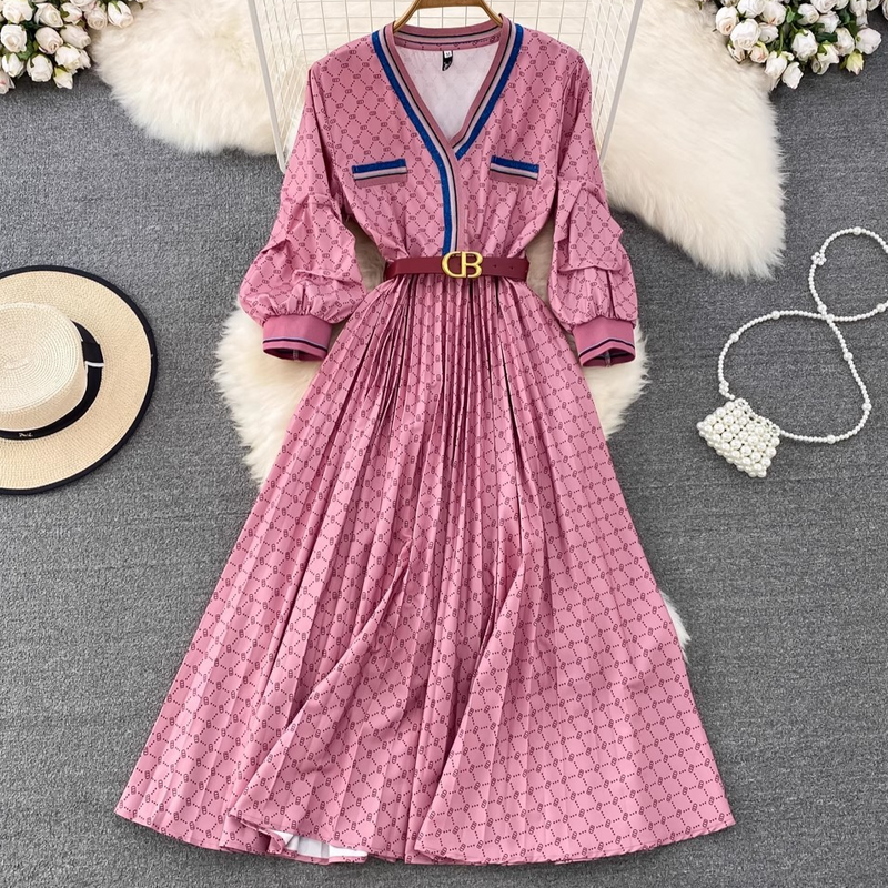 Women's Clothing Autumn High End Light Luxury Temperament V Neck Lantern Sleeve Waist Slimming A Line Printed Dress Elegant Swing_voghion.com