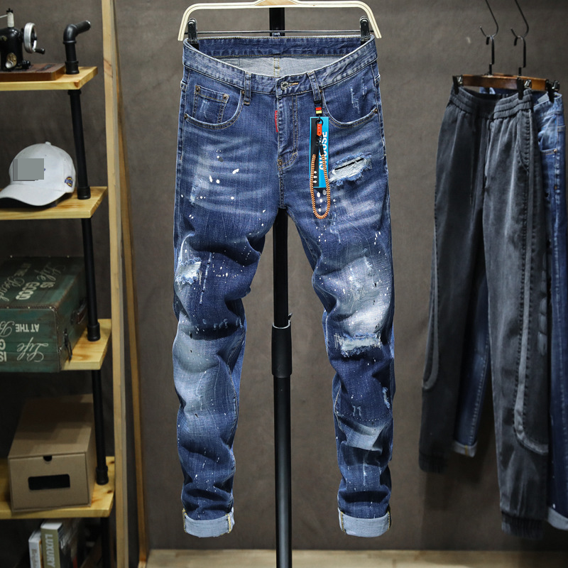 Men's Clothing Washed Ripped Slim Stretch Jeans Casual High Street Youth Export Skinny Jeans Trousers_voghion.com