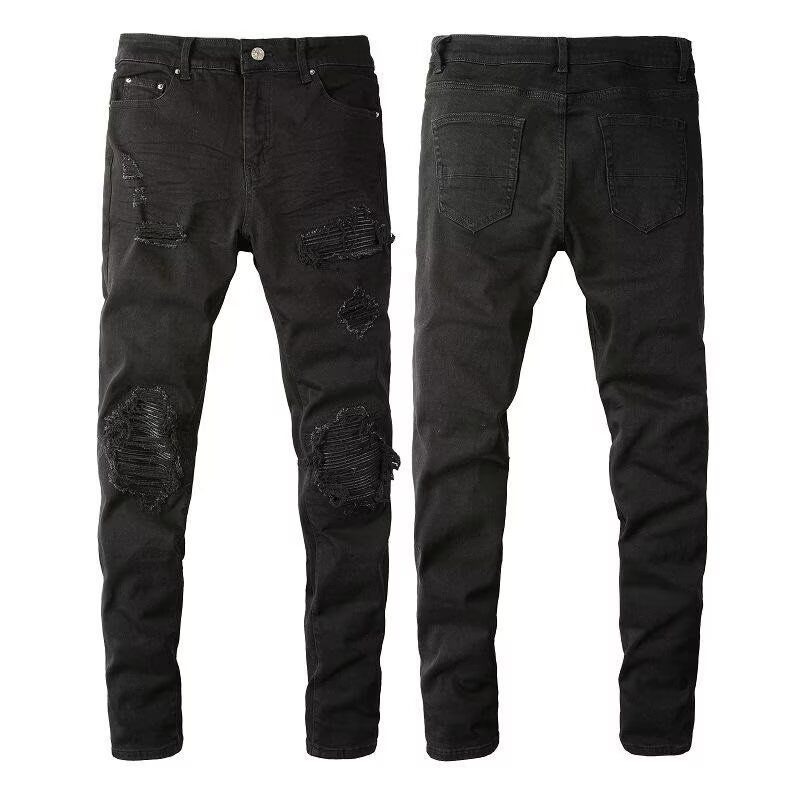 Men's Clothing Fashion Brand Washed Scratched Patches Paint Graffiti Stretch Slim Jeans_voghion.com