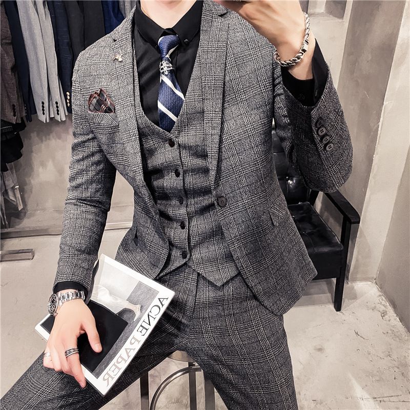 CT Casual Set For Men Three-Piece Korean Style Slim Fit Groom Wedding Suit Trendy British One-Button Small Blazer_voghion.com