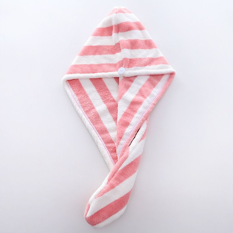 Toalha de cabelo macia de lã coral – Turbante de cabelo absorvente de secagem rápida para mulheres e homens, touca de banho aconchegante com design listrado (rosa/cinza/marrom)_voghion.com