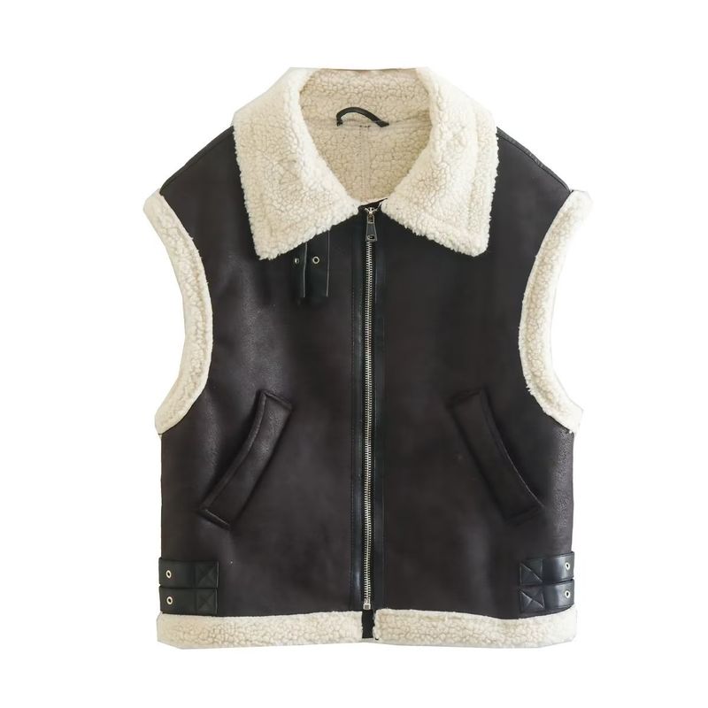 Damenmode Pelz One Revers ärmellos Patchwork Weste Mantel dicke Fleeceweste_voghion.com