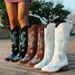 Women's Shoes large size high top knee high boots autumn and winter new style printed square heel knight boots_voghion.com