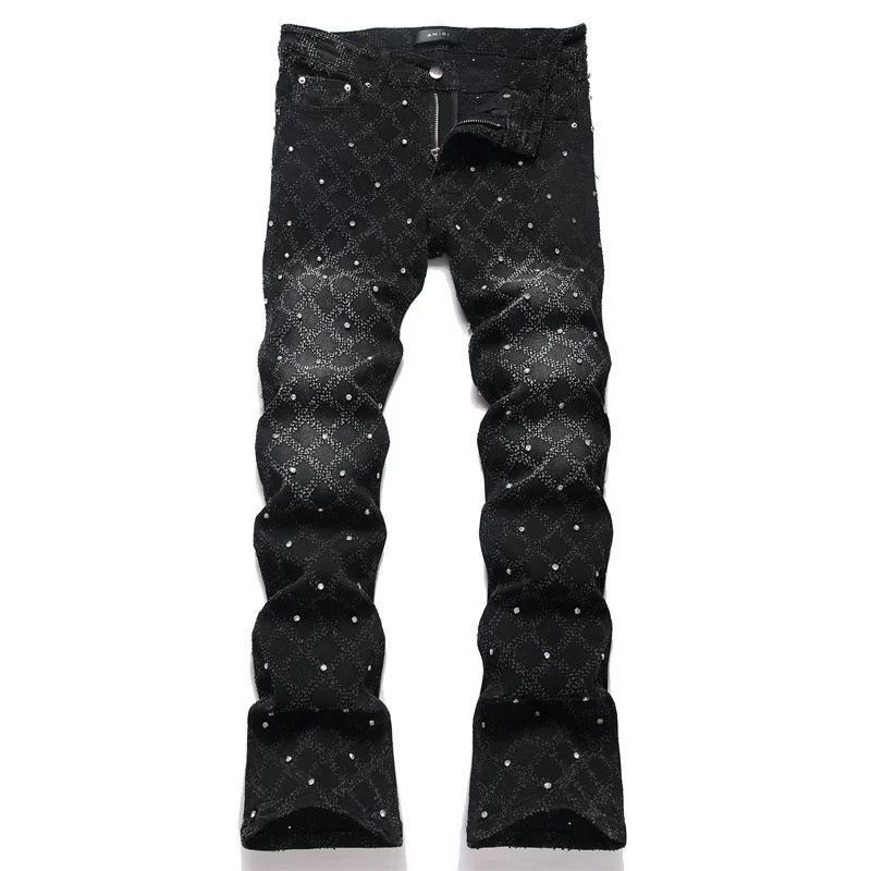 Jean bootcut en cristal pour homme, pantalon en denim extensible noir punk, pantalon slim évasé à rivets, pantalon bootcut tendance_voghion.com