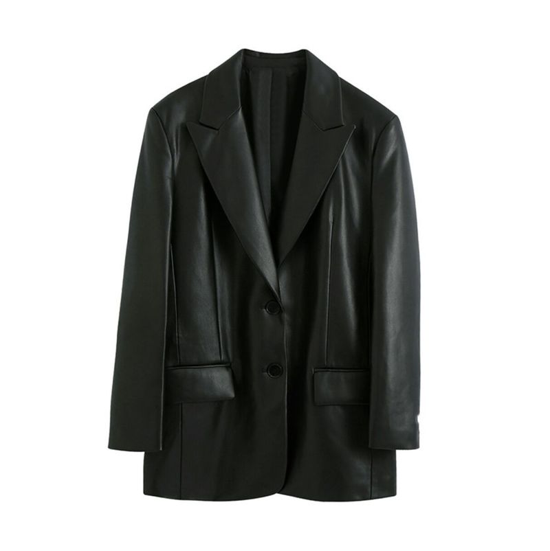 Women's Clothing Solid Color Suit Collar Pocket Fashion Casual Women's Leather Jacket_voghion.com