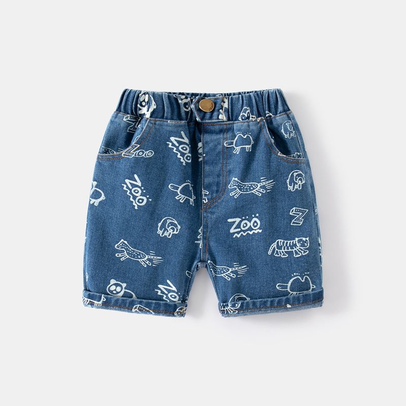 Kid's Clothing Cartoon pattern outdoor play rubber band belt five point jeans school travel travel mid waist children's jeans_voghion.com