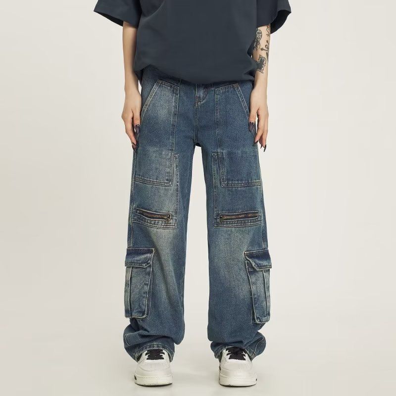 Herren-Cargojeans mit mehreren Taschen, lockere Nische, gerades Bein, weites Bein, Retro-Waschungsjeans_voghion.com