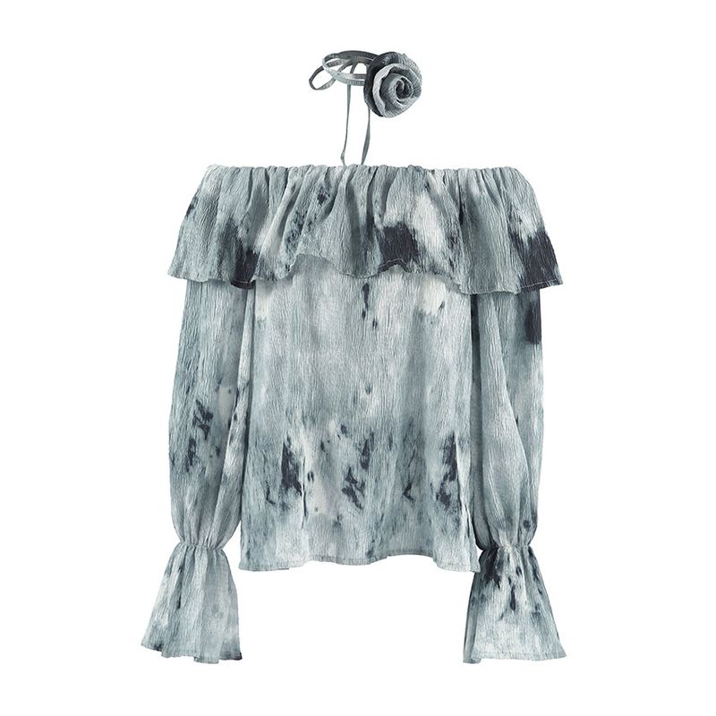 Damenbekleidung Batik-Hemd mit ausgestellten Ärmeln und einer Schulter im französischen Design, neue Oberteile für Damen im Herbst 2024_voghion.com