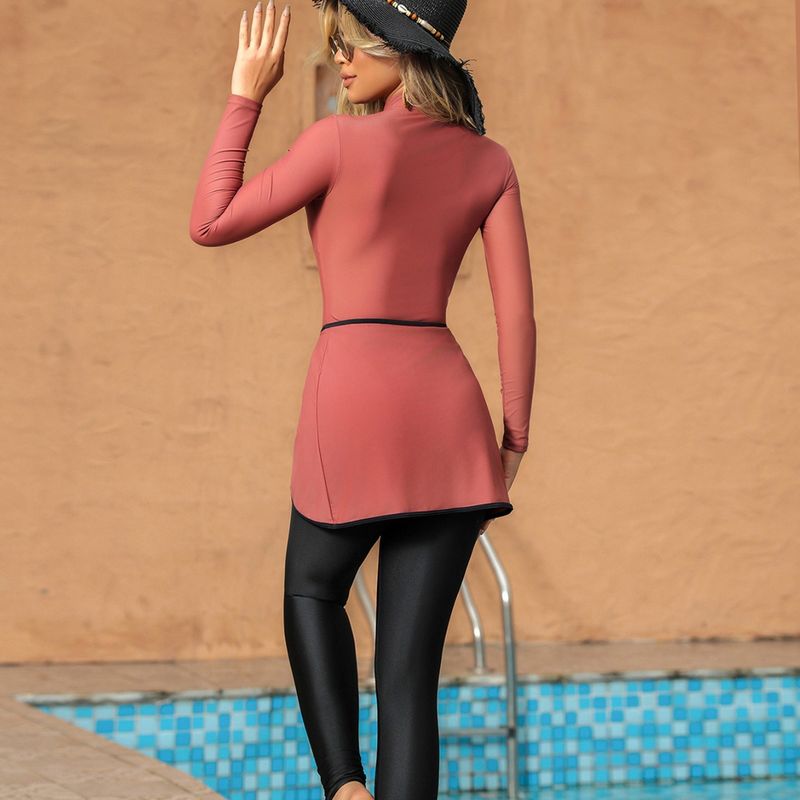 2024 New Conservative Solid Color Muslim Sleeve Long Pants Skirt Sunscreen Beach Swimsuit Three Piece Set_voghion.com