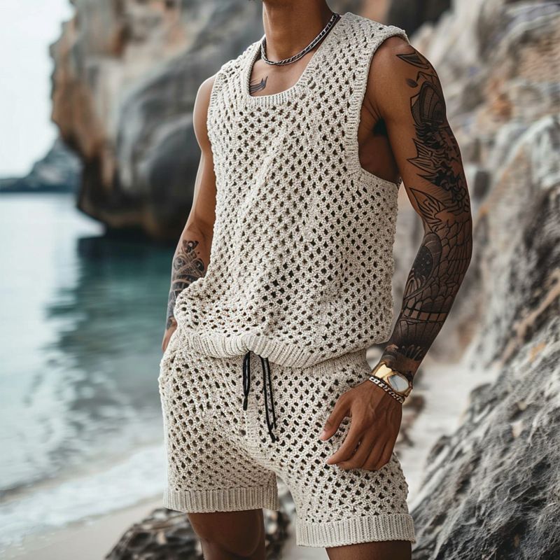 Herrenanzug mit langen Ärmeln und Knopfleiste, Slim Fit, Revers, Hemd und Shorts_voghion.com