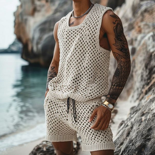 Herrenanzug mit langen Ärmeln und Knopfleiste, Slim Fit, Revers, Hemd und Shorts_voghion.com