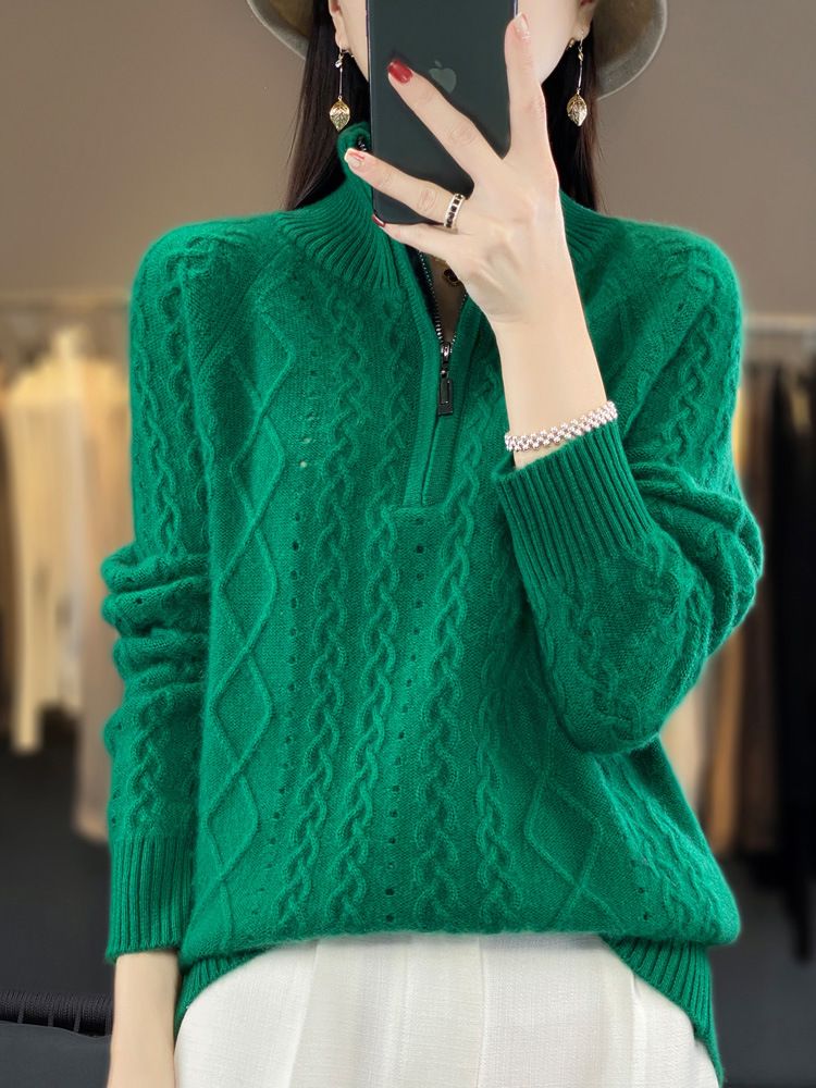 Damenbekleidung Rollkragenpullover mit Reißverschluss 2024 neue Oberteile große Größe stylisches High-End-Gefühl super gut aussehendes gestricktes Unterhemd_voghion.com