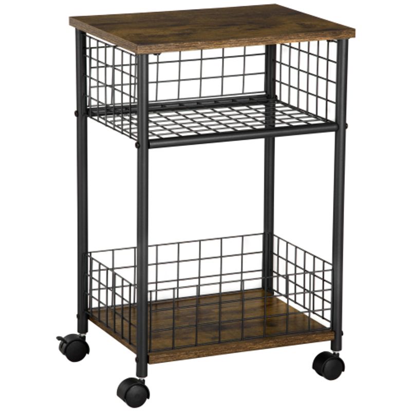 HOMCOM Küchenwagen Servierwagen Mit Arbeitsplatte Und 2 Aufbewahrungskörben, 360° Lenkrollen, Rustikal-braun, 40x30x62 cm_voghion.com