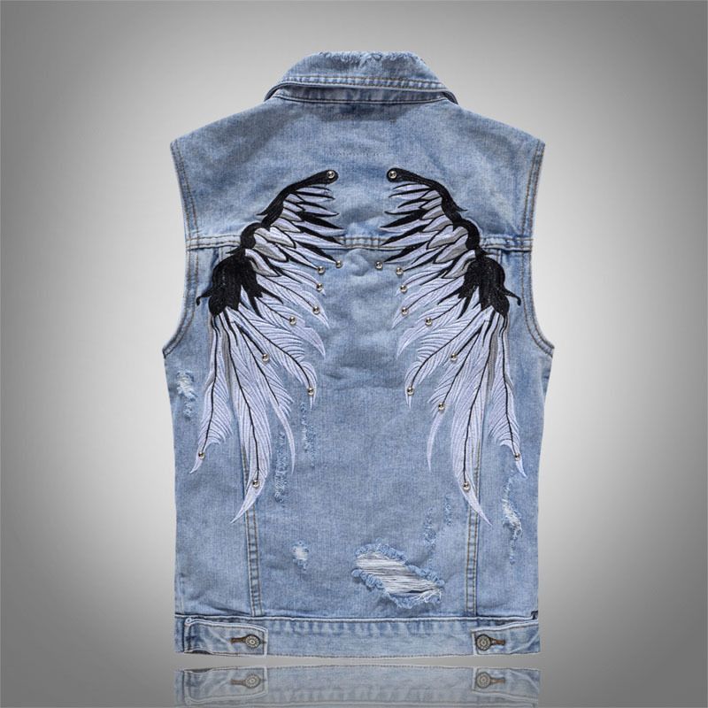 Abbigliamento da uomo Uomo Primavera Estate Autunno Gilet da cowboy Gilet da uomo di marca di moda Senza maniche Ali Rivetto ricamato Gilet casual_voghion.com