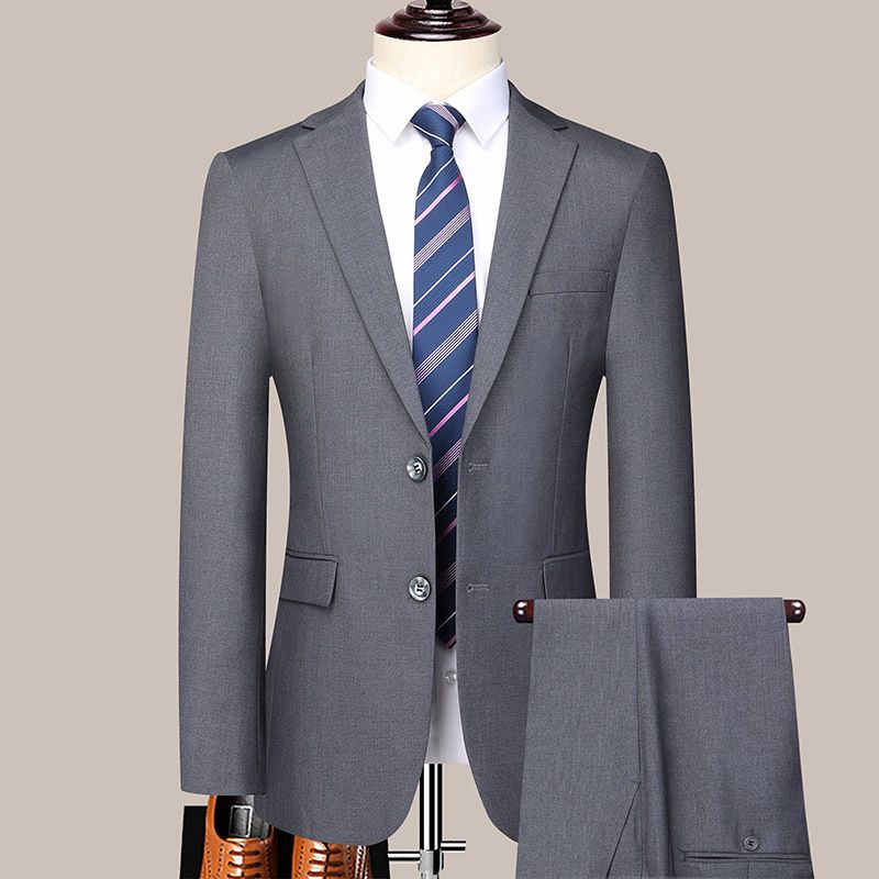 Einfarbig licht business set für männer herbst neue jugend slim fit zwei knopf anzug hosen_voghion.com