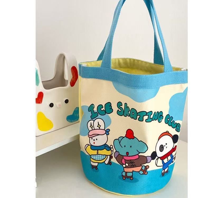 Borsa a secchiello grande capacità in tela con simpatico cilindro a forma di cucciolo, stile coreano, per il pranzo femminile_voghion.com