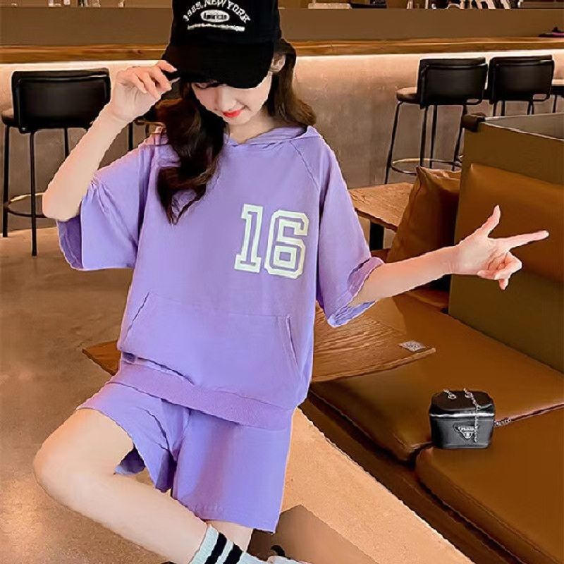 Kid's Clothing Girls' college style summer suits for children, hooded tops and shorts, two piece suits, fashionable children's clothing_voghion.com