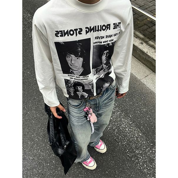 Erkekler İçin Cleanfit Retro Portre Bantlı Uzun Kollu Tişört, Sonbahar Lüks Yuvarlak Yakalı Kapüşonlu Üst_voghion.com