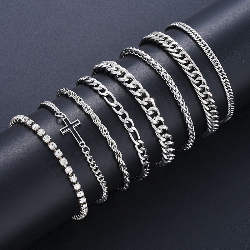Bracciale da uomo con catena a croce in acciaio inossidabile con manici mezzi, stile hip-hop cubano, set da 8 pezzi per donna_voghion.com