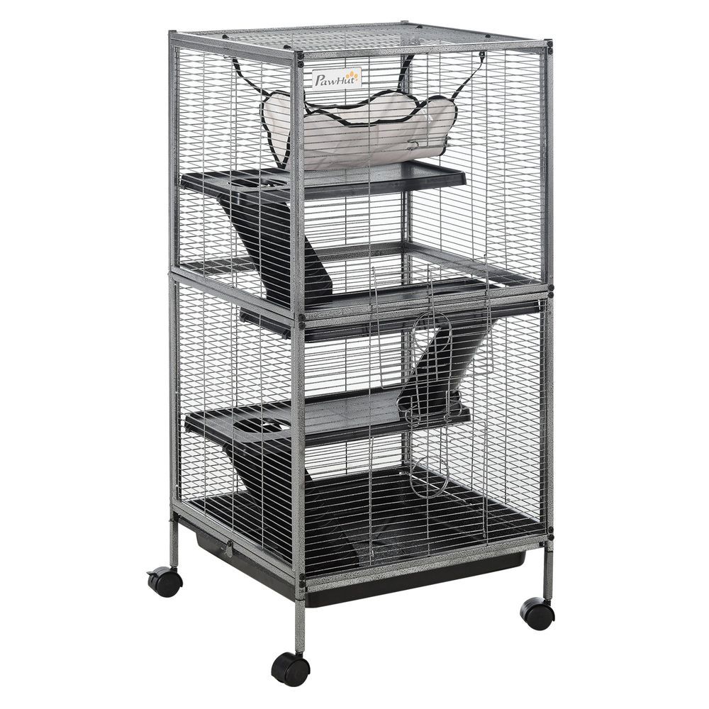 PawHut Large Metal Small Animal Cage With Hammock 4 Tiers & Removable Tray Gray Extra Space For Ferrets Chinchillas_voghion.com