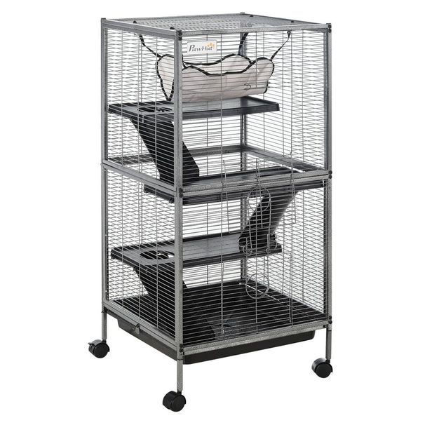 PawHut Large Metal Small Animal Cage With Hammock 4 Tiers & Removable Tray Gray Extra Space For Ferrets Chinchillas_voghion.com