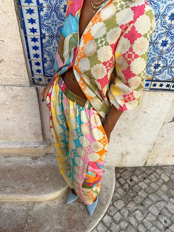 Abbigliamento da donna, moda retrò, stampa a contrasto di colore, abito monopetto a maniche lunghe da spiaggia_voghion.com