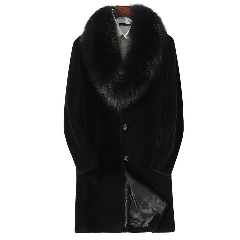 Giacca lunga in pelle di visone da uomo con collo di volpe e cappotto di pelliccia spessa_voghion.com