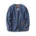 Giacca in denim vintage lavato, casual, oversize, da uomo, con apertura frontale e tasche applicate_voghion.com