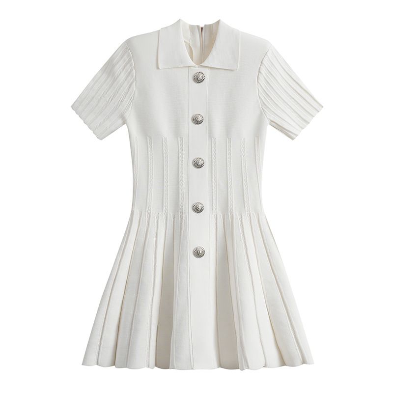 Vêtements pour femmes, mode printemps-été, robe noire coupe ajustée à revers en tricot anti-rayures, coupe trapèze_voghion.com