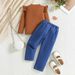 Mother & Kids Washed Denim Flared Pants Autumn Long Sleeve Flutter Top + Washed Denim Bell-Bottom Pants Set For Girls (4Y-7Y) – Caramel Brown_voghion.com