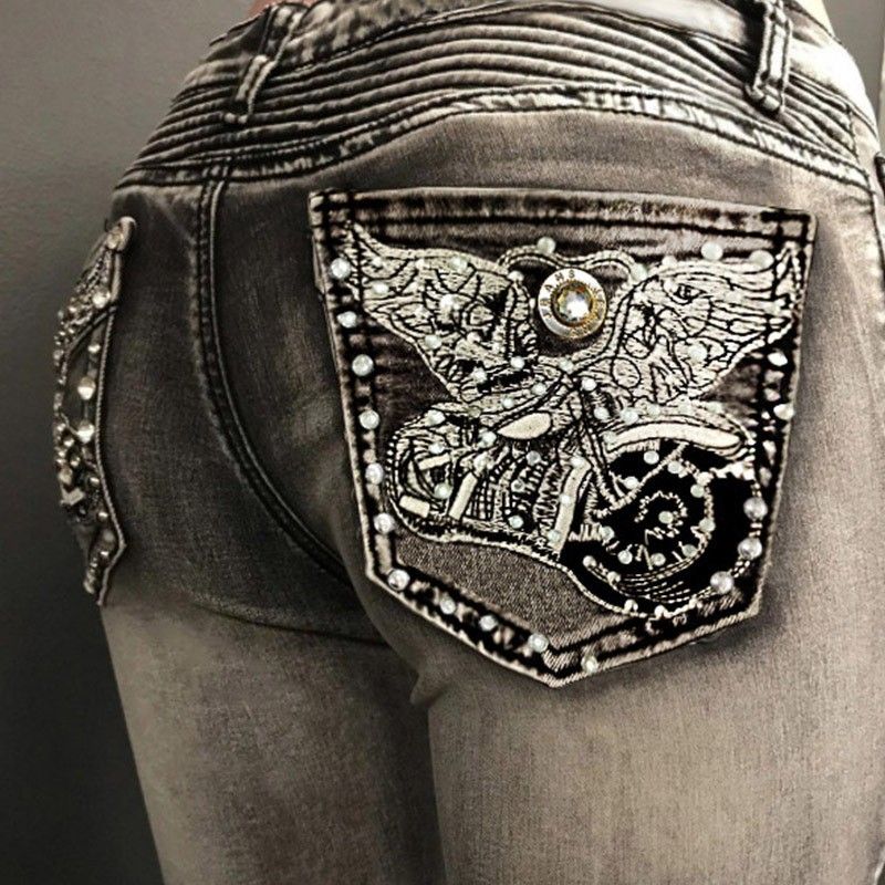 Women's clothing Flying Motorcycle Hot Beading Jeans High Waist Elastic Slim Straight Pants Jeans_voghion.com